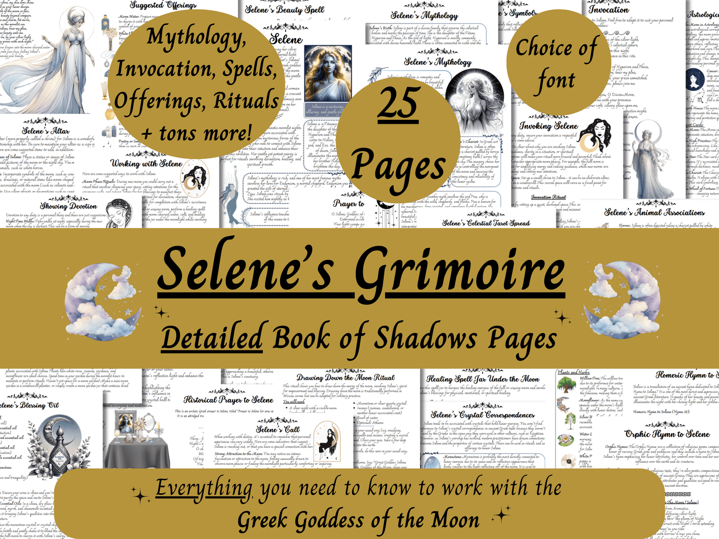 Selene Grimoire Printable Pages, Work with Greek Goddess of the Moon, Witch Book of Shadows PDF, Hellenic Paganism