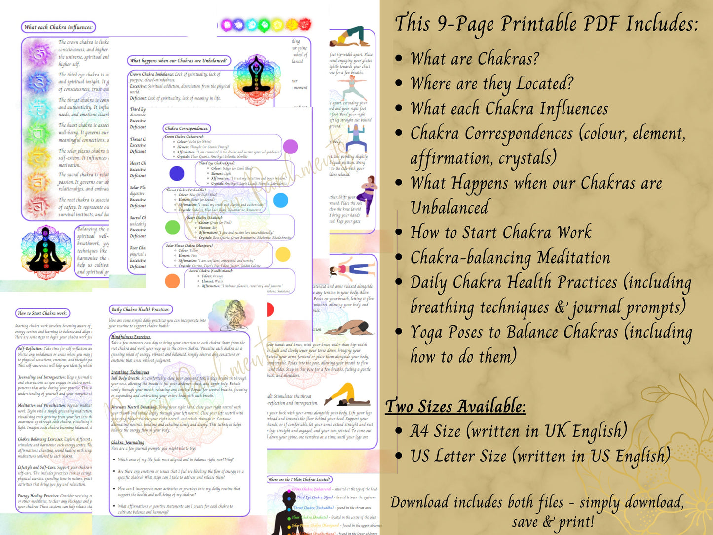 Beginners Guide to Chakras, Chakra Cheat Sheets Printable, Balance Chakras Yoga Poses, Grimoire Pages, New Age, Spiritual Healing Download