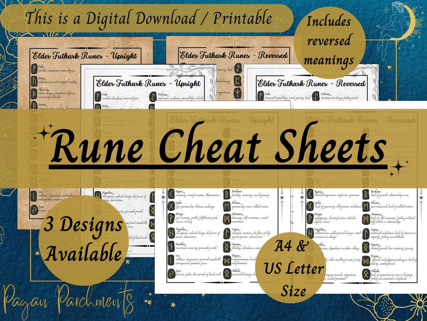 Rune Cheat Sheets Printable, Runes Reversed Meanings, Runic Divination, Elder Futhark Quick Reference Guide, Grimoire Pages, Pagan download