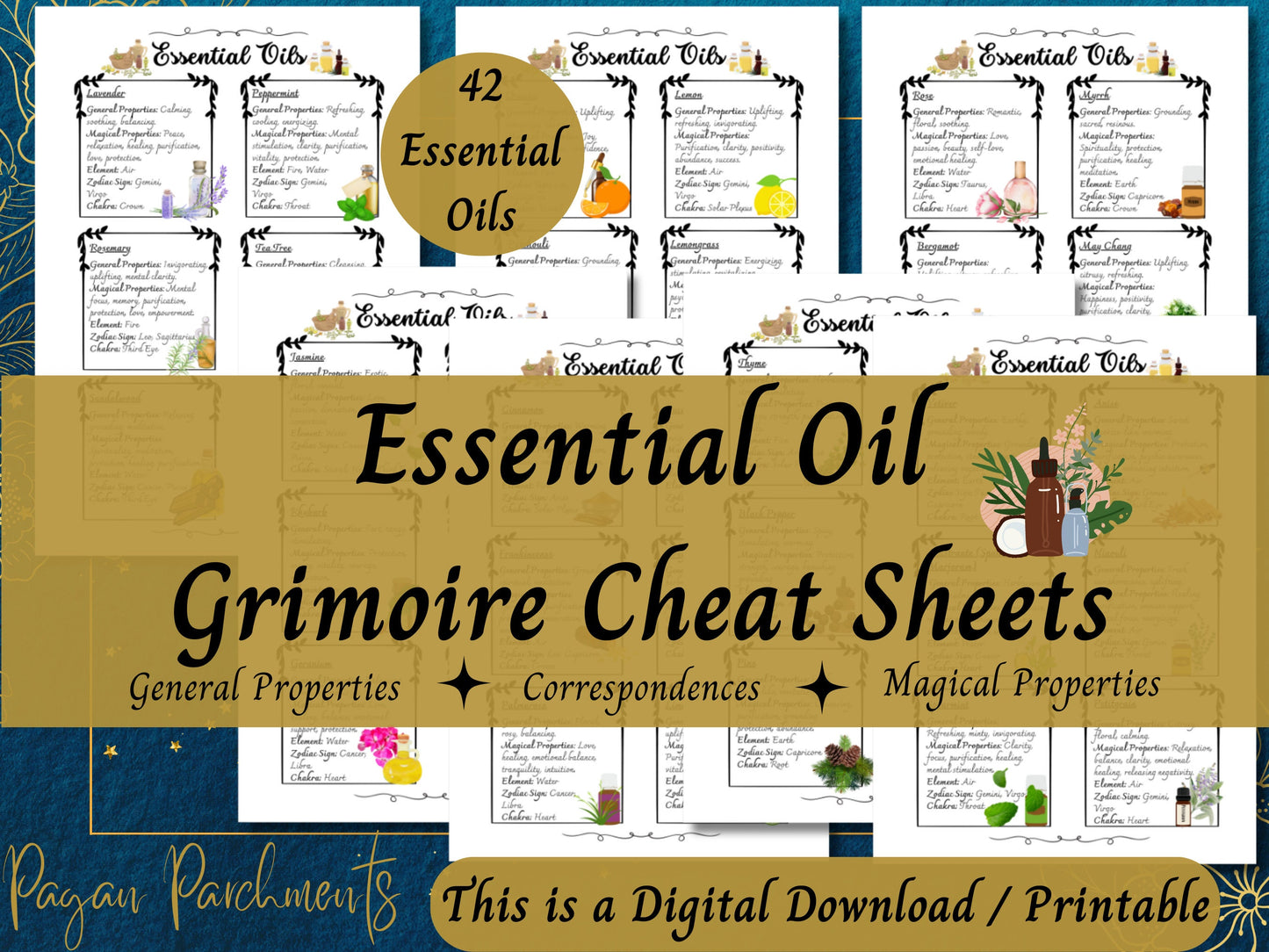 Essential Oil Grimoire Cheat Sheets Printable, Essential Oil Magical Properties & Correspondences, Kitchen Witch PDF, Book of Shadows