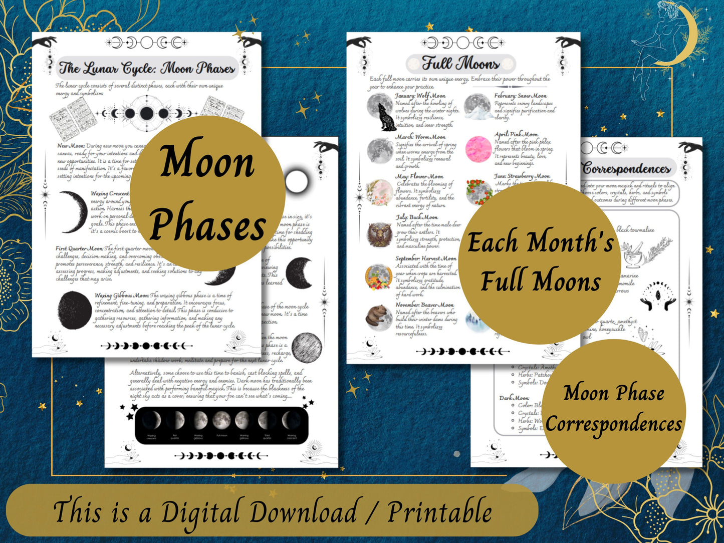 Moon Magic Grimoire Pages, Lunar Magick BOS Printable, Moon Water Guide, Lunar Spells, Moon Phases, Witchy PDF, Baby Witch Download