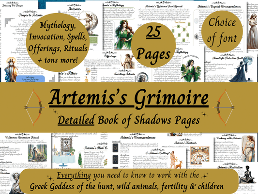 Artemis Grimoire Printable, Work with Greek Goddess Artemis, Witch Book of Shadows Pages, Pagan Deity Devotional, Mythology, Hellenism