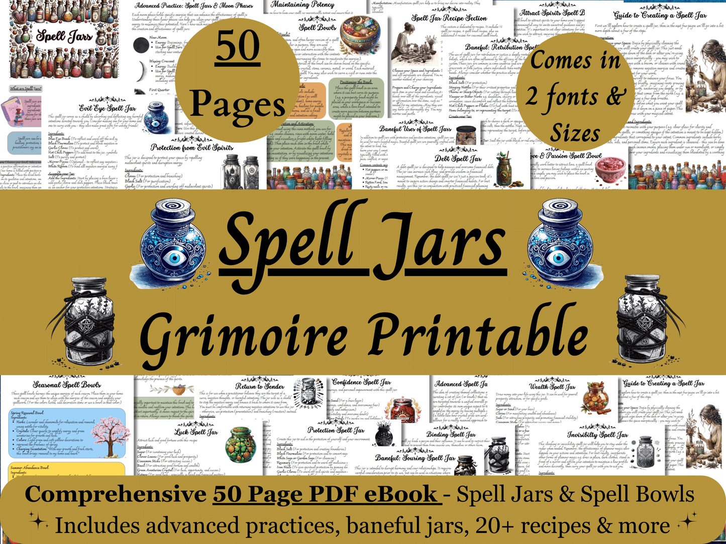 Spell Jars & Bowls Grimoire Printable, 50 Page Ebook, Includes Recipes Advanced Practice Baneful Jars and Witch Bottles, Book of Shadows PDF