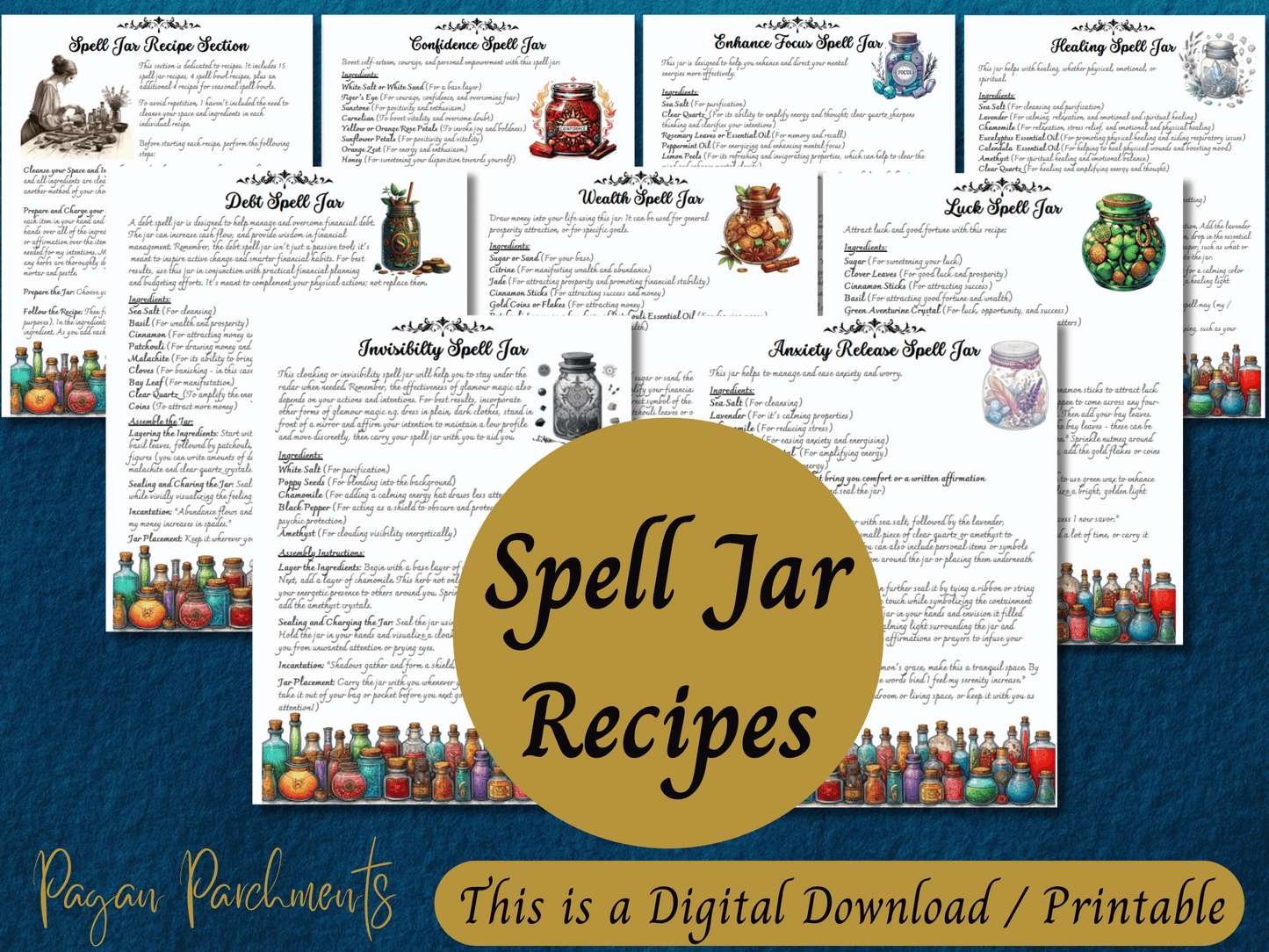 Spell Jars & Bowls Grimoire Printable, 50 Page Ebook, Includes Recipes Advanced Practice Baneful Jars and Witch Bottles, Book of Shadows PDF