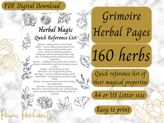 160 Herbs, Herbal Magic Quick Reference Magical Properties, Green Witch Grimoire Pages, Kitchen Witchcraft