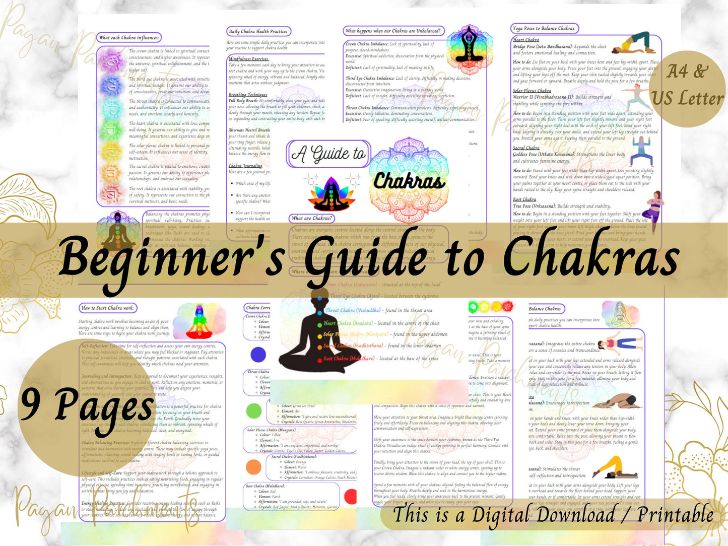 Beginners Guide to Chakras, Chakra Cheat Sheets Printable, Balance Chakras Yoga Poses, Grimoire Pages, New Age, Spiritual Healing Download