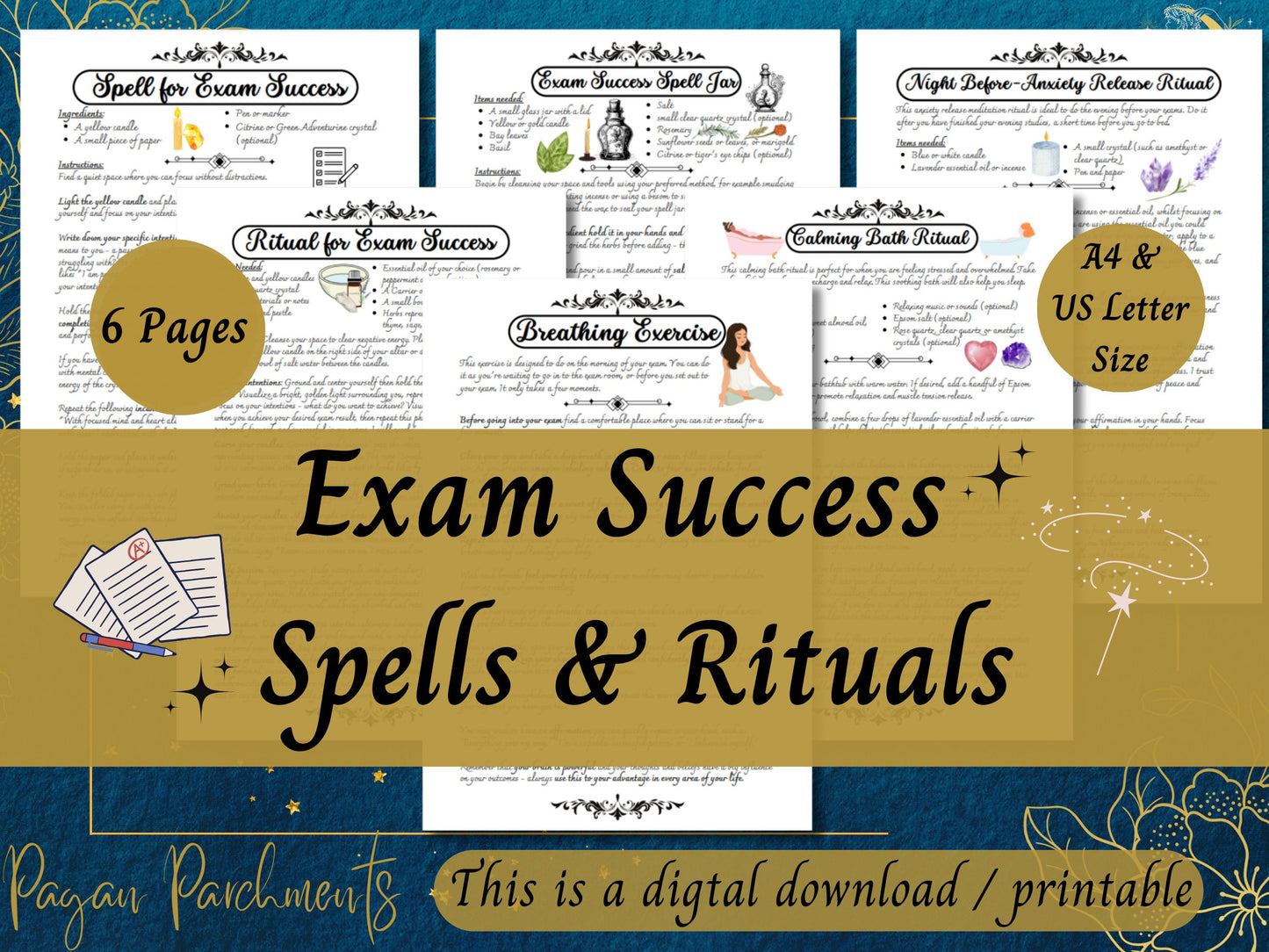 Exam Success Spells & Rituals, Printable Grimoire Pages, Release Anxiety Ritual, Exam Spell Instructions, Manifest Success PDF Guide