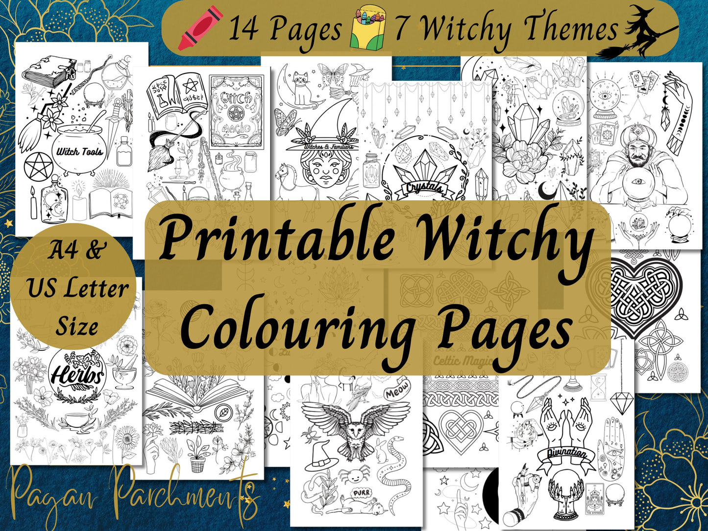 Printable Witchy Colouring Pages, Witch coloring PDF, Simple easy-to-color fun designs for teens and adults, Pagan Witchcraft