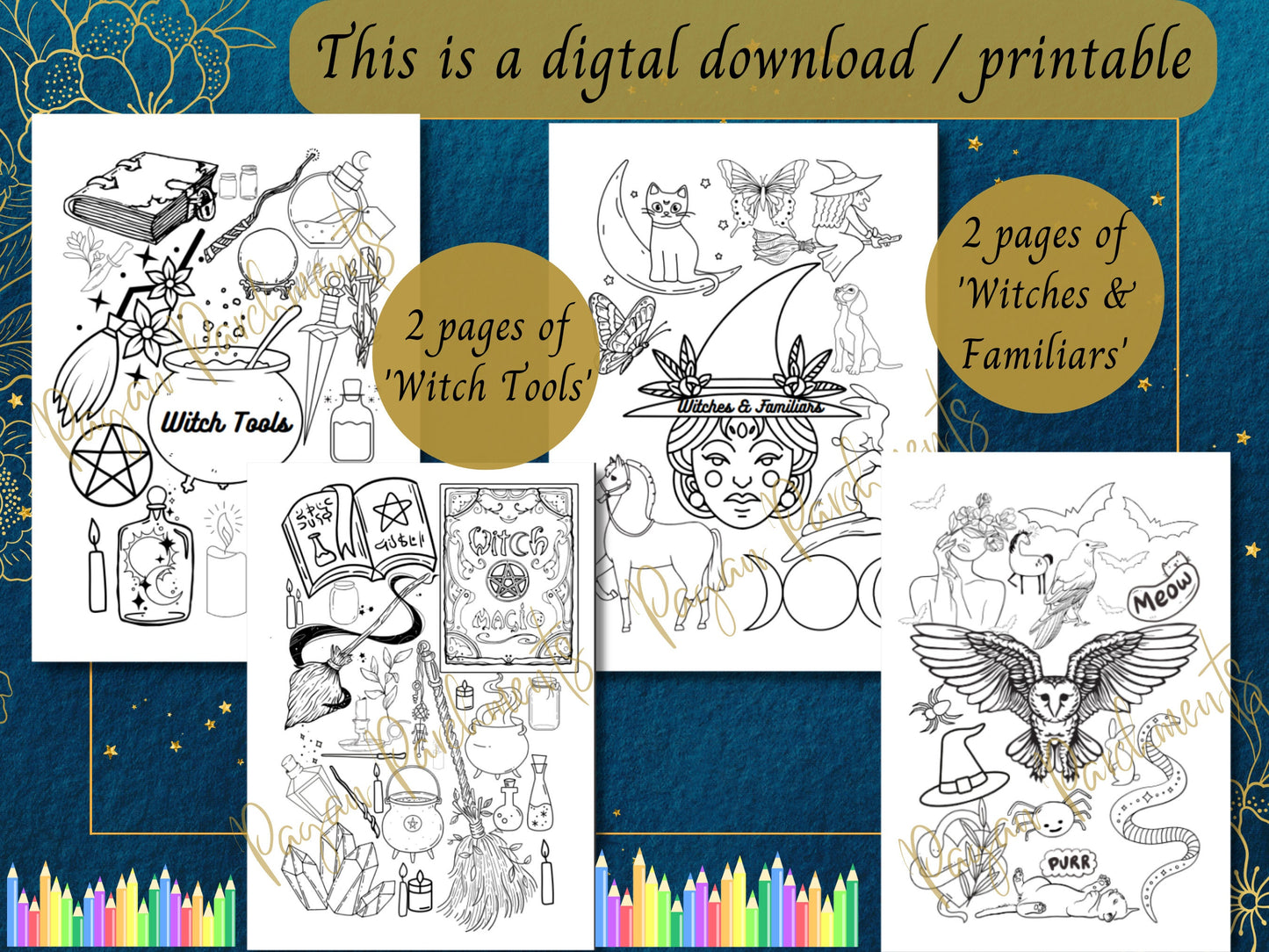 Printable Witchy Colouring Pages, Witch coloring PDF, Simple easy-to-color fun designs for teens and adults, Pagan Witchcraft