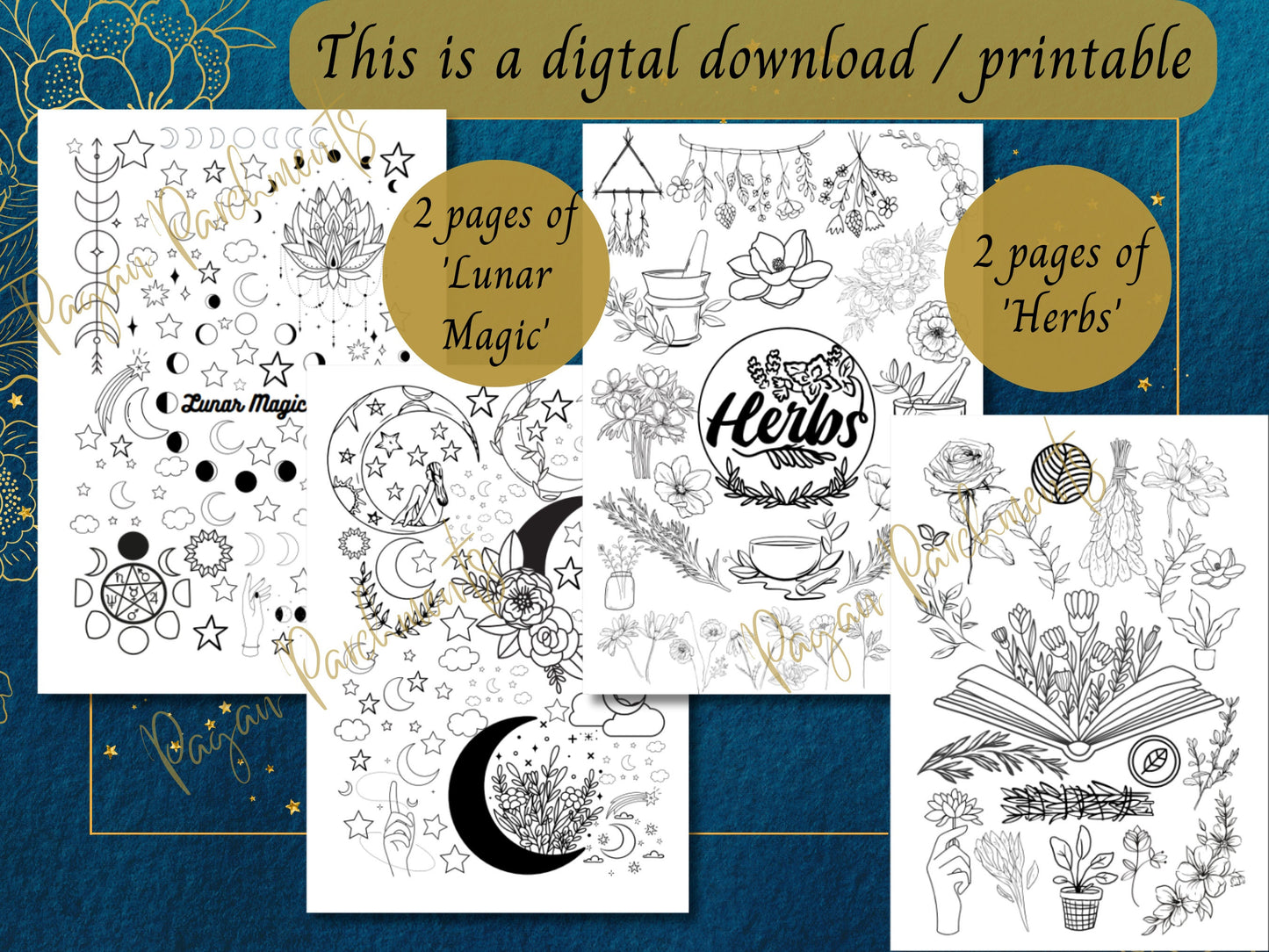 Printable Witchy Colouring Pages, Witch coloring PDF, Simple easy-to-color fun designs for teens and adults, Pagan Witchcraft