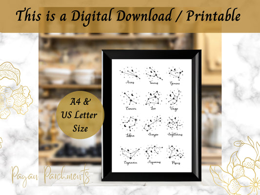 Zodiac Constellation Print, Astrology Art, Black and White Star Signs Printable PDF