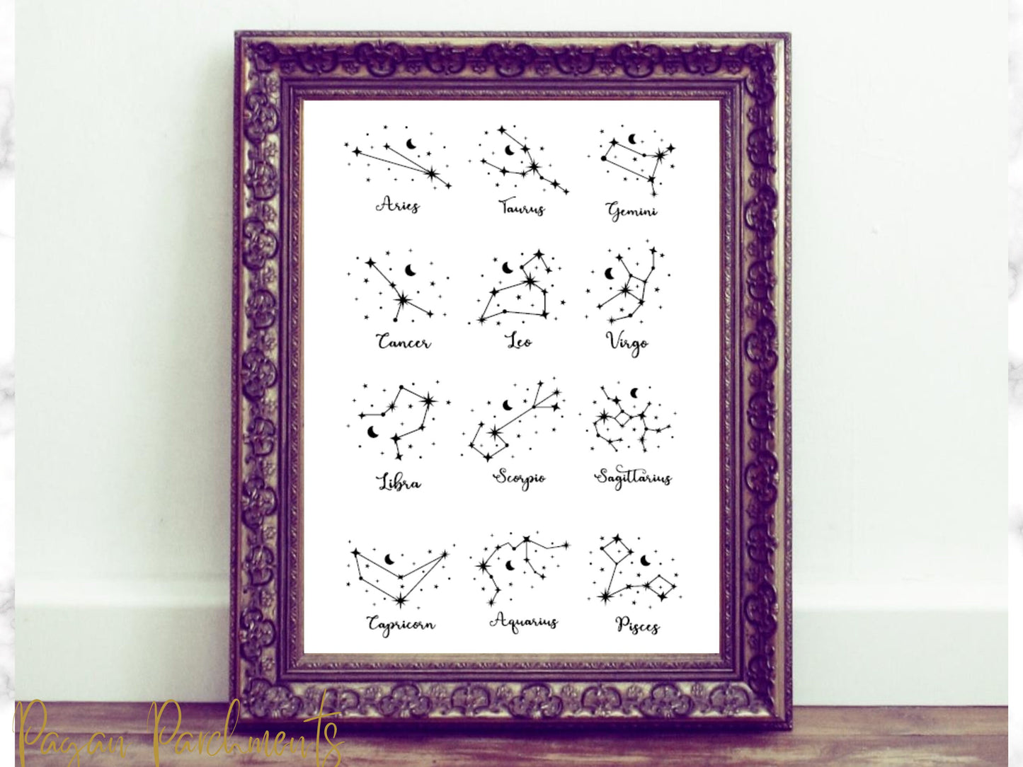 Zodiac Constellation Print, Astrology Art, Black and White Star Signs Printable PDF