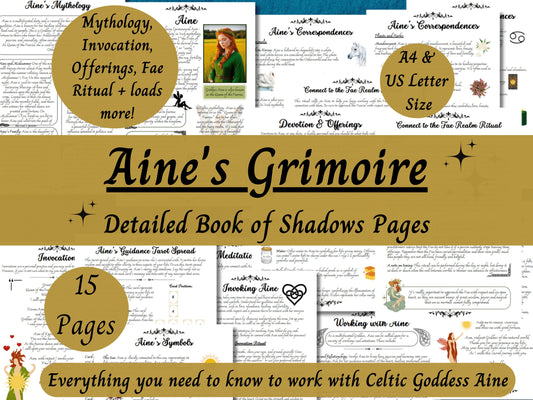 Aine Grimoire Printable, Guide to Working with the Celtic Goddess of Love, Queen of the Fae, Witch Book of Shadows Pages, Irish Pagan Deity